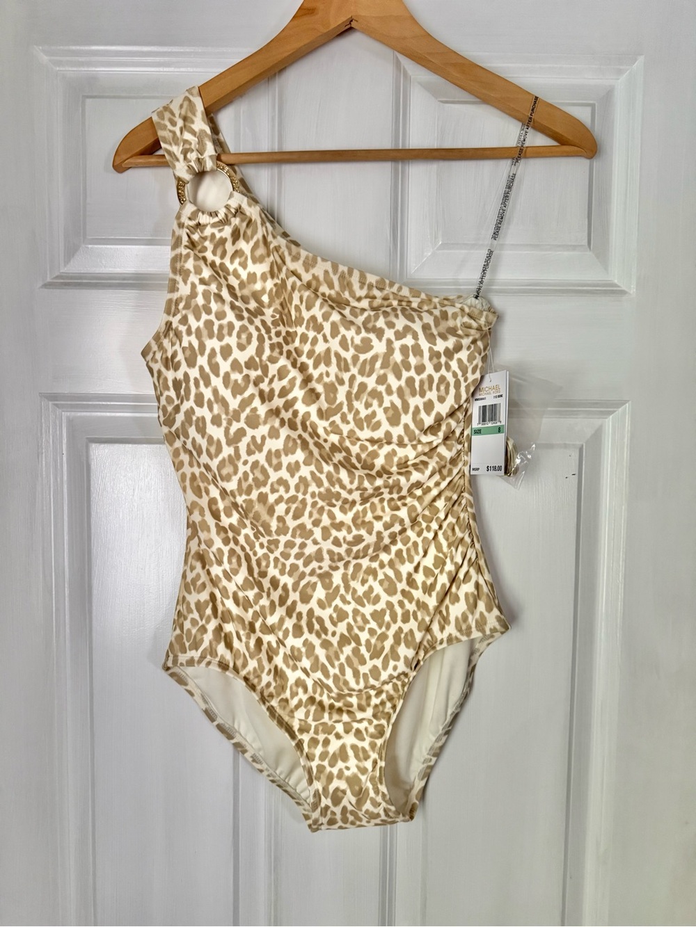 Michael Kors Wildcat Logo Gold Ring One-Shoulder Swimsuit NWT